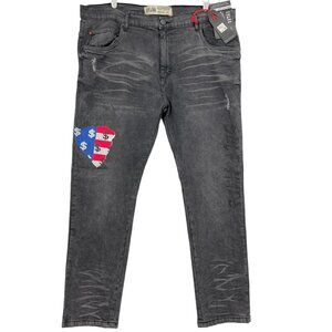 NWT SPARK Mens Slim Straight Distressed Stretch Mid Wash Black Denim Jeans 42x32